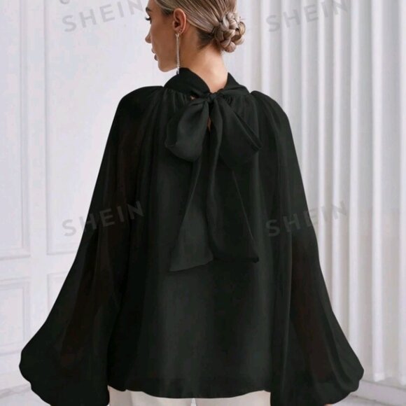 SHEIN Prive` Women's Stand Collar Raglan Lantern Sleeve Shirt - Picture 3 of 7